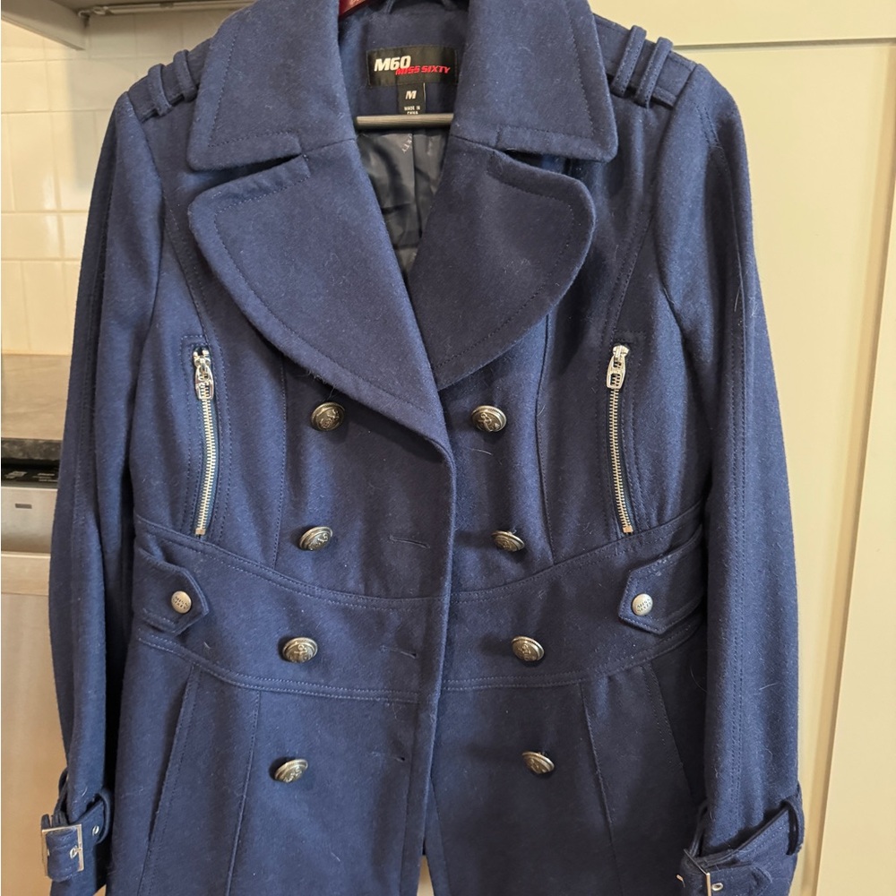 Miss Sixty Blue Pea Coat with Double Breasted Style and Wide Lapel Collar